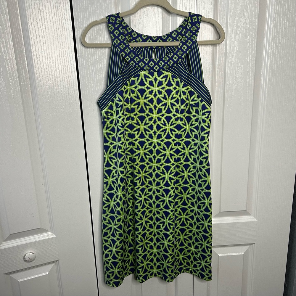 Gretchen Scott Womens Size Med Sleeveless Dress Green Blue Geometric Knee Length